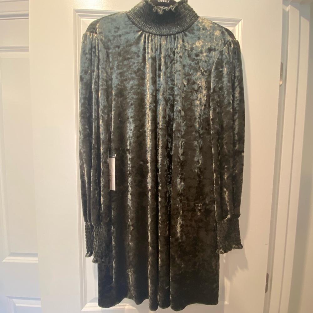 Ali+Jay olive green velour shift Dress